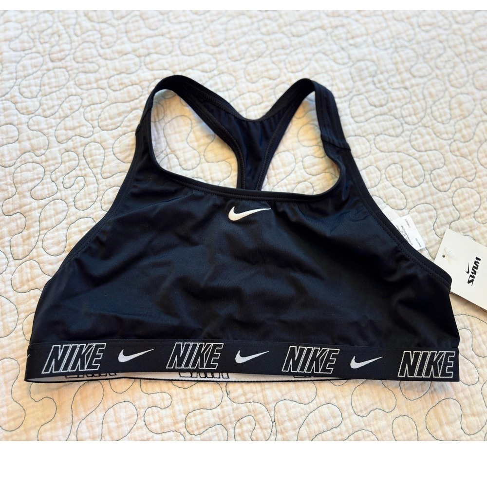 Nike‎ Swim Girls Black Racerback Bikini Top Logo Band Size Large